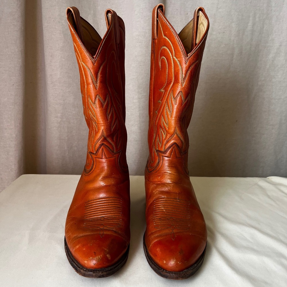 Vintage Tony Lama 6123 Western Cowboy Boots Orange Leather 10.5D USA